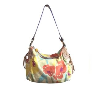 Fossil Multicolored Floral Canvas and Tan Leather Zip Top Shoulder Bag 10"X8"X4"